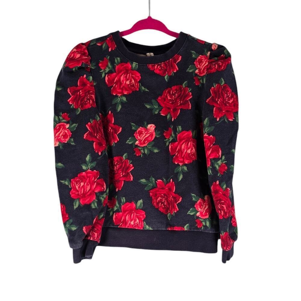Janie and Jack Girls Rose Print Crew Neck Long Sleeve Sweatshirt Blue Red Size 7